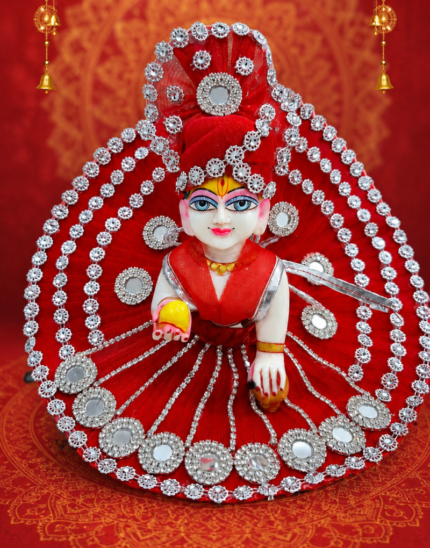 Laddu Gopal Red Designer Dress with Mukut & Decorative Mirror Work – Handmade Poshak for Krishna Idol